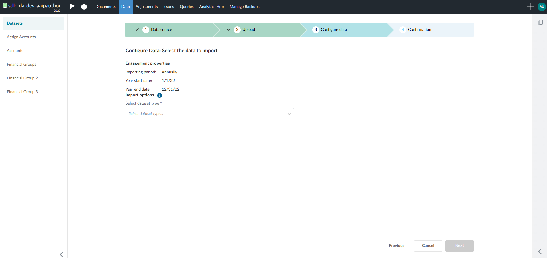 Screenshot of the Select dataset type window for importing an XML file.